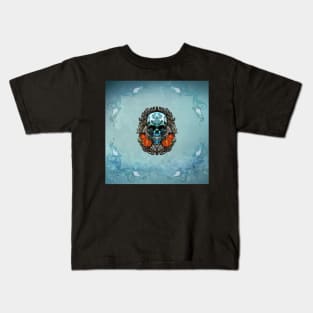 Awesome blue green skull with flowers Kids T-Shirt